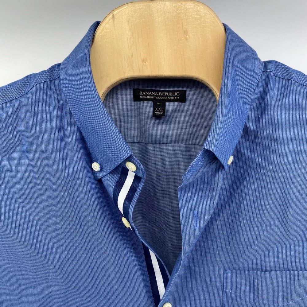 Banana Republic Mens XXL Tall Non-Iron Tailored Slim Fit Blue Micro Check Shirt - Picture 3 of 7